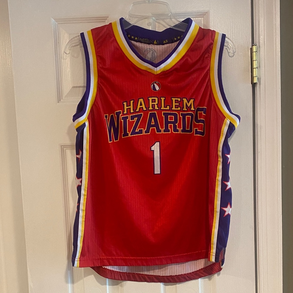 Harlem Wizards red, purple, and yellow basketball jersey size AS